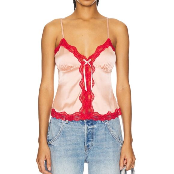 Danielle Guizio Blair Top Sleeveless Lace Trim Silky Tank Cami Pink Small - Picture 5 of 12